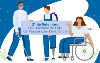 Ilustração com uma mulher em cadeira de rodas, um homem cego em pé e um homem com prótese na perna.ireitos das PcD.